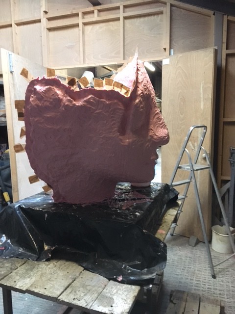 Tiltyard Lady by Jilly Sutton in the moulding process. Here she is in pink rubber awaiting her fibreglass jacket. The complete process is carried out here at Wolf & Stone Ltd fine art bronze casting foundry by Anthony Stone.